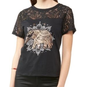 NWT Rebellious One Women’s Black Lace Astrology Short Sleeve Tee with Elephant